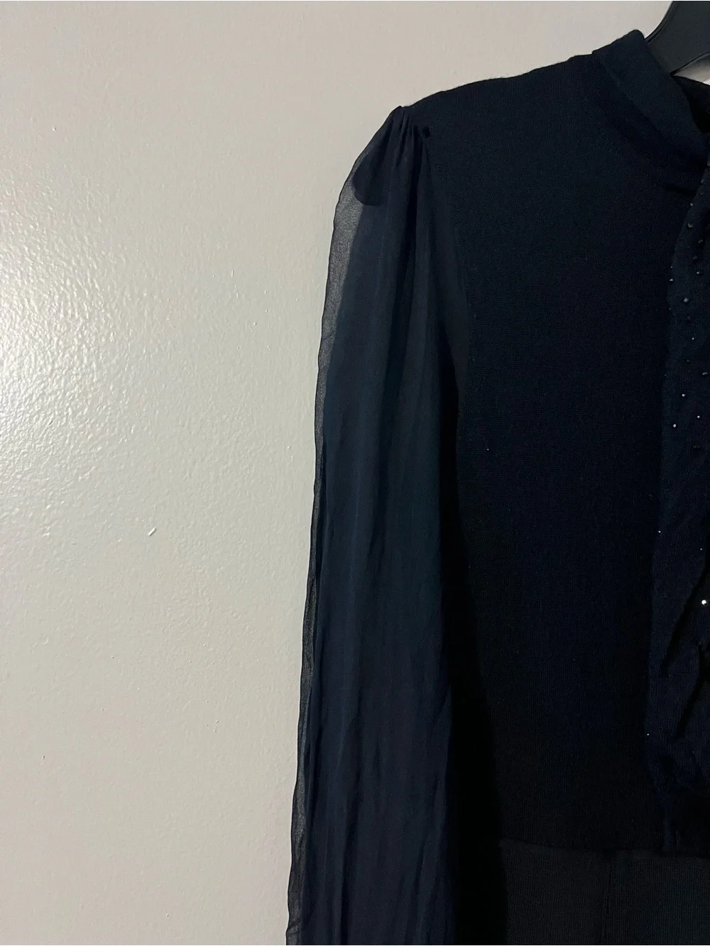 Tory Burch Black vintage Long-Sleeve Midi Dress with Sheer Sleeves and Front Tie